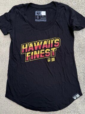 Hawaiis Finest Shirt Women Small Black Block Letter Logo Curve Hem HIFI 808